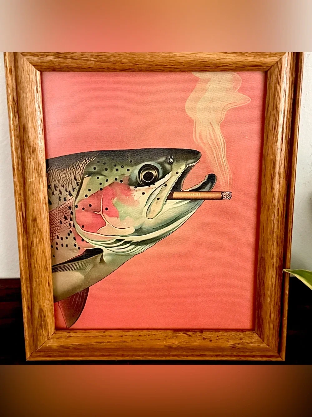 Trout Fish Smoking a Cigarette Vintage Style Canvas Wall Art Print Wood Framed